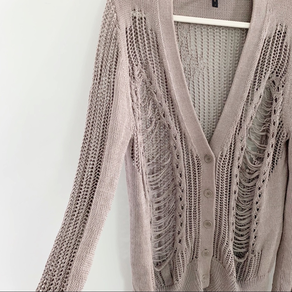 BCBGMaxAzria Distressed Open Knit Cardigan in Dusty Mauve - Picture 2 of 6